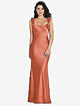 Rear View Thumbnail - Terracotta Copper Ruffle Trimmed Open-Back Maxi Slip Dress