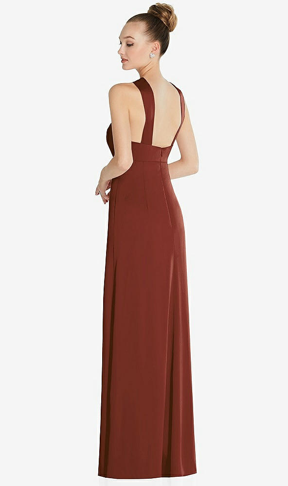 Back View - Auburn Moon Draped Twist Halter Low-Back Satin Empire Dress