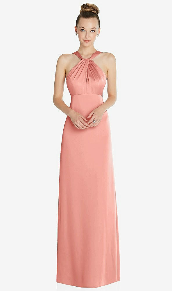 Front View - Rose - PANTONE Rose Quartz Draped Twist Halter Low-Back Satin Empire Dress