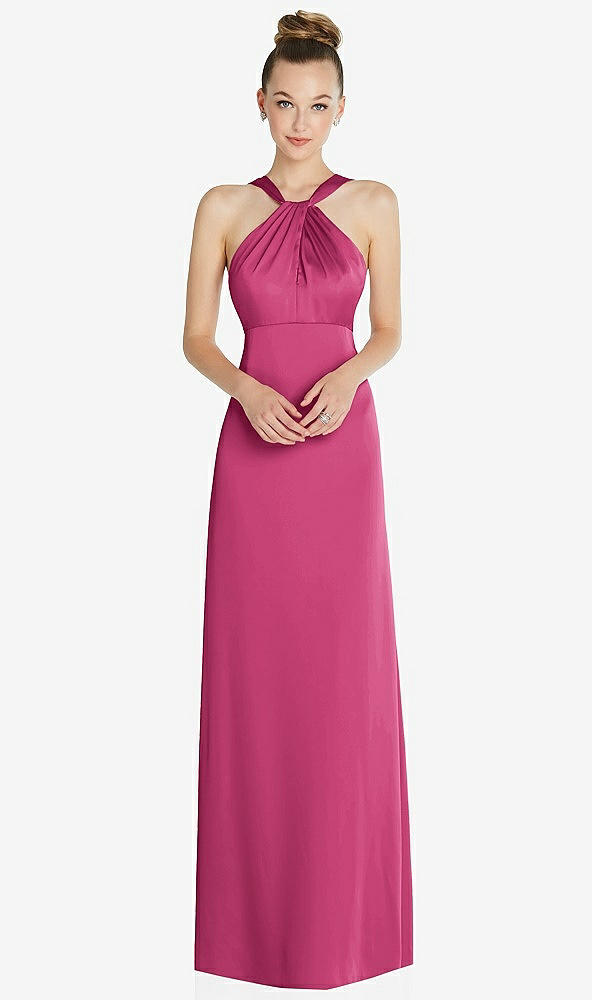 Front View - Tea Rose Draped Twist Halter Low-Back Satin Empire Dress