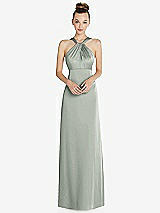 Front View Thumbnail - Willow Green Draped Twist Halter Low-Back Satin Empire Dress