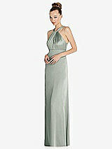 Side View Thumbnail - Willow Green Draped Twist Halter Low-Back Satin Empire Dress