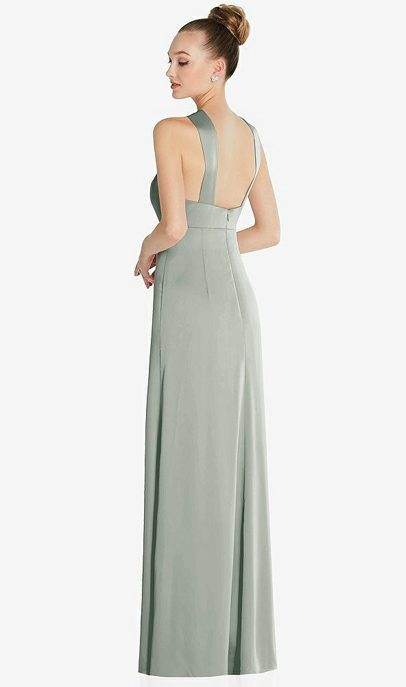 Back View - Willow Green Draped Twist Halter Low-Back Satin Empire Dress