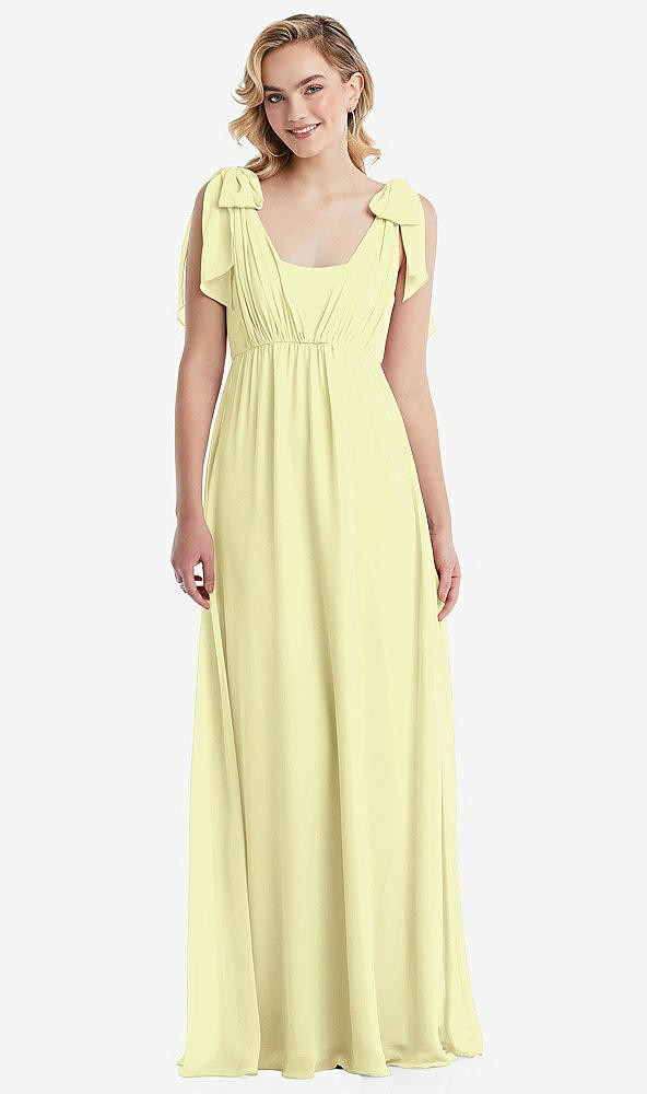 Front View - Butter Yellow Empire Waist Shirred Skirt Convertible Sash Tie Maxi Dress