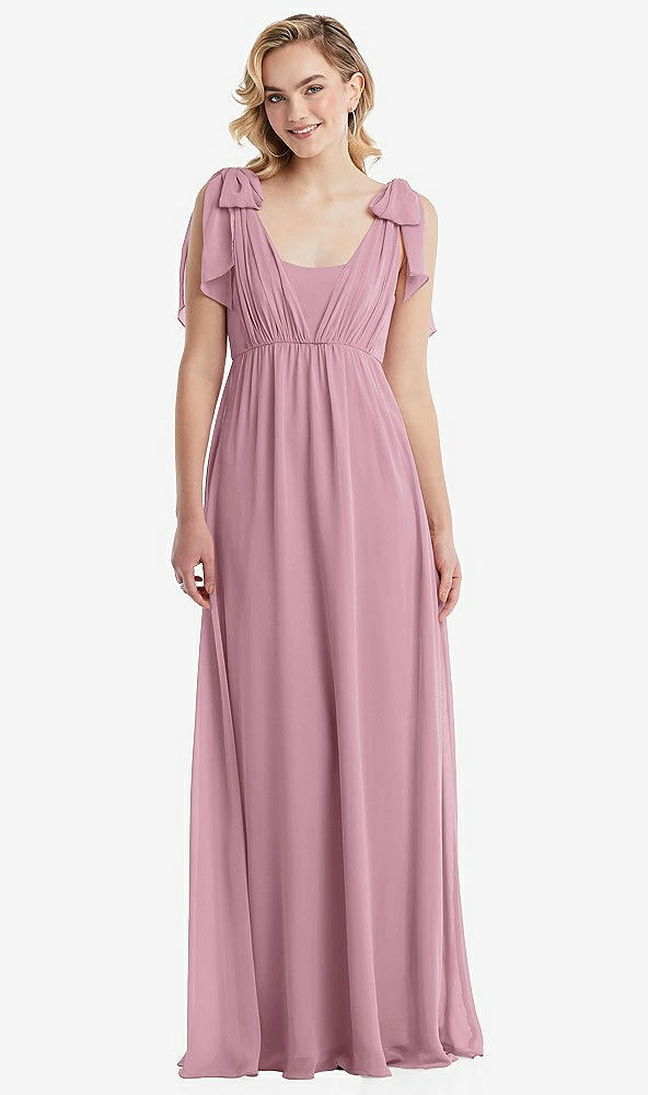 Front View - Dusty Pink Empire Waist Shirred Skirt Convertible Sash Tie Maxi Dress