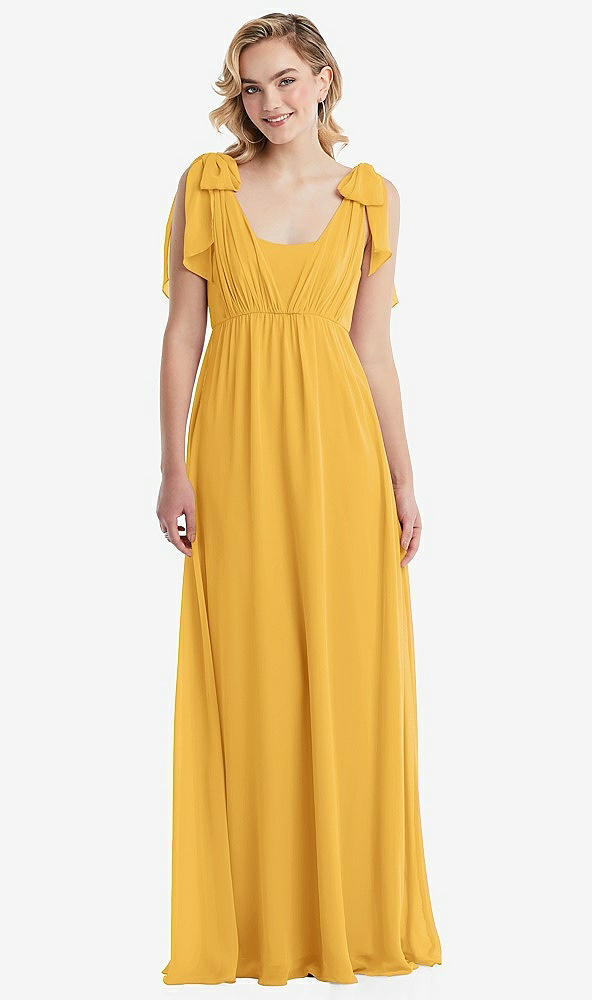 Front View - NYC Yellow Empire Waist Shirred Skirt Convertible Sash Tie Maxi Dress