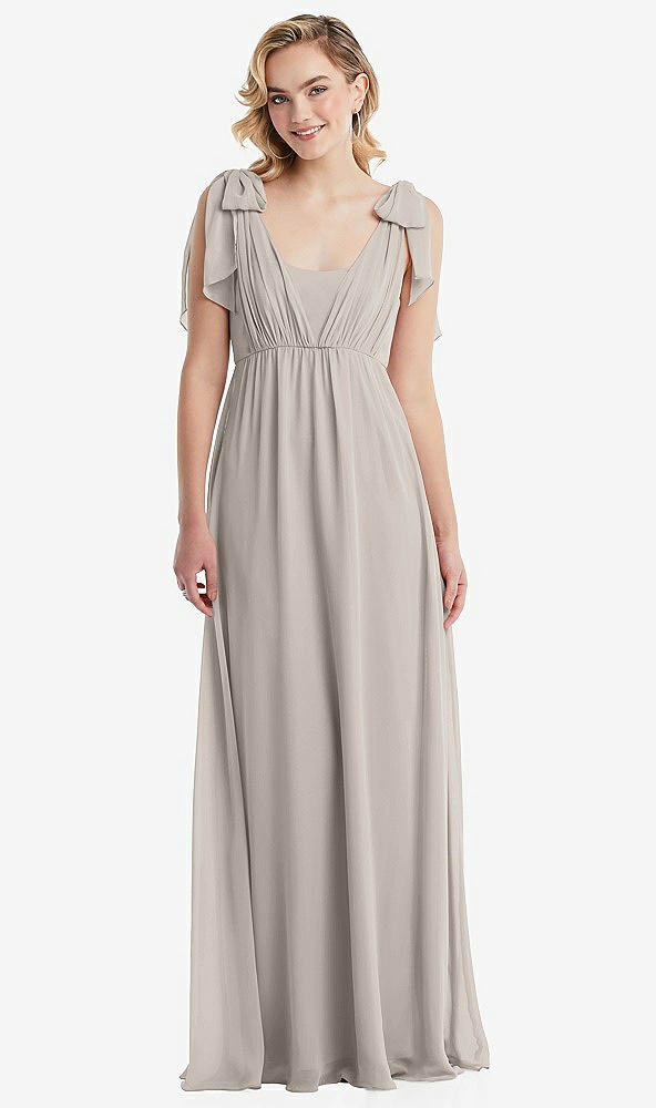 Front View - Taupe Empire Waist Shirred Skirt Convertible Sash Tie Maxi Dress