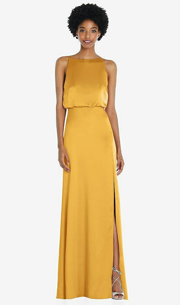 Back View - NYC Yellow High-Neck Low Tie-Back Maxi Dress with Adjustable Straps