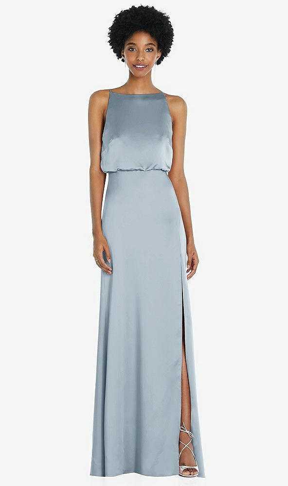 Back View - Mist High-Neck Low Tie-Back Maxi Dress with Adjustable Straps