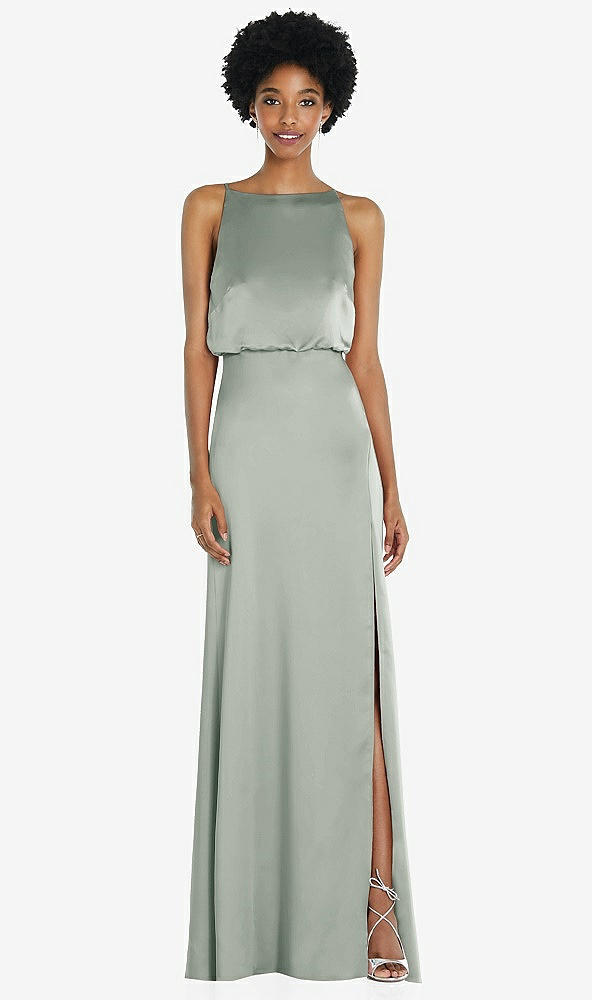 Back View - Willow Green High-Neck Low Tie-Back Maxi Dress with Adjustable Straps