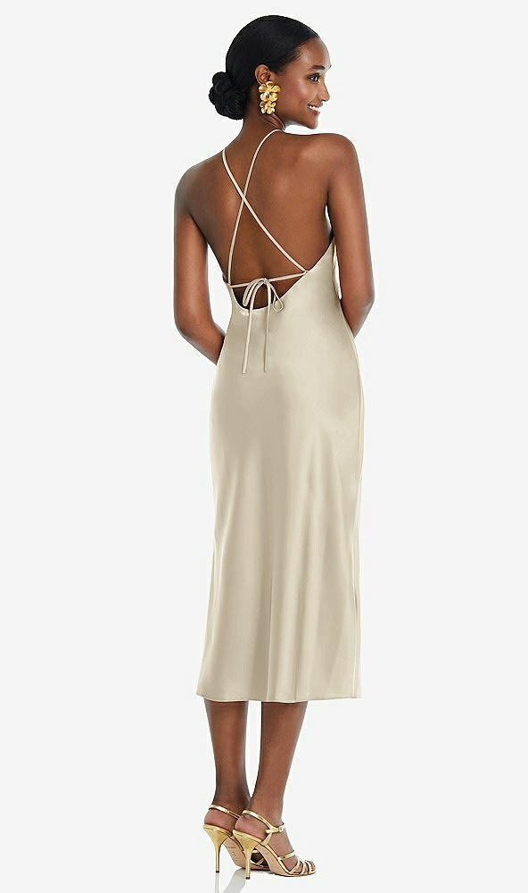 Back View - Champagne Diamond Halter Bias Midi Slip Dress with Convertible Straps