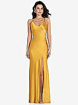 Front View Thumbnail - NYC Yellow V-Neck Convertible Strap Bias Slip Dress with Front Slit