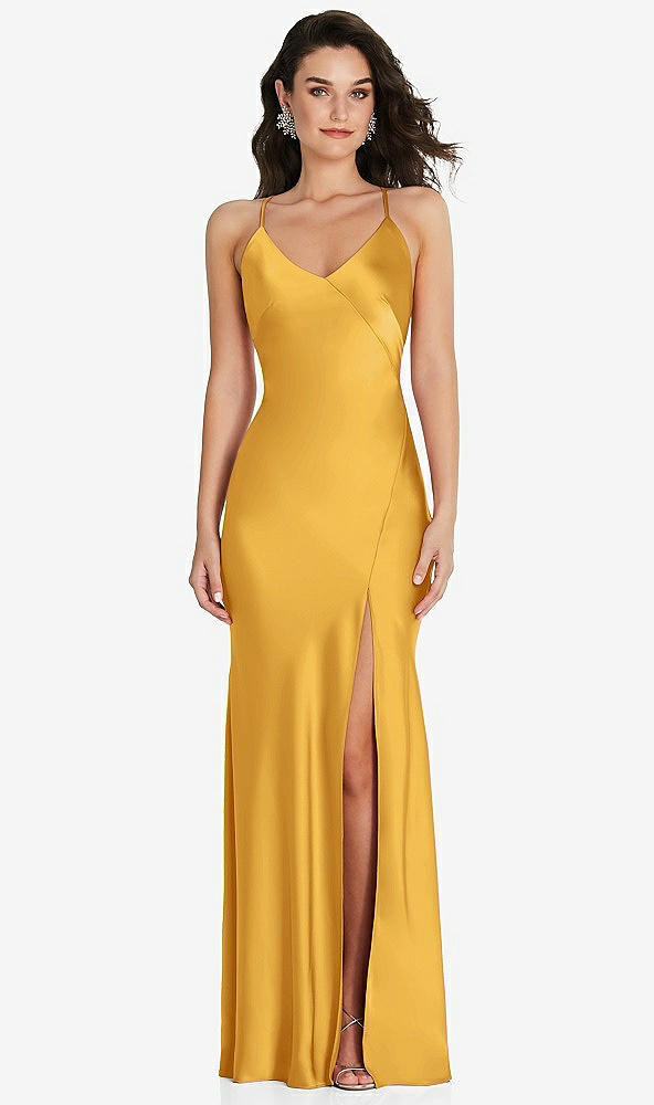 Front View - NYC Yellow V-Neck Convertible Strap Bias Slip Dress with Front Slit