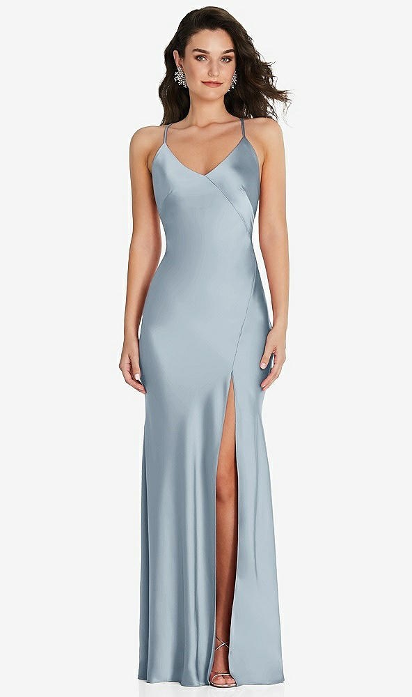 Front View - Mist V-Neck Convertible Strap Bias Slip Dress with Front Slit