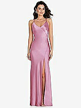 Front View Thumbnail - Powder Pink V-Neck Convertible Strap Bias Slip Dress with Front Slit