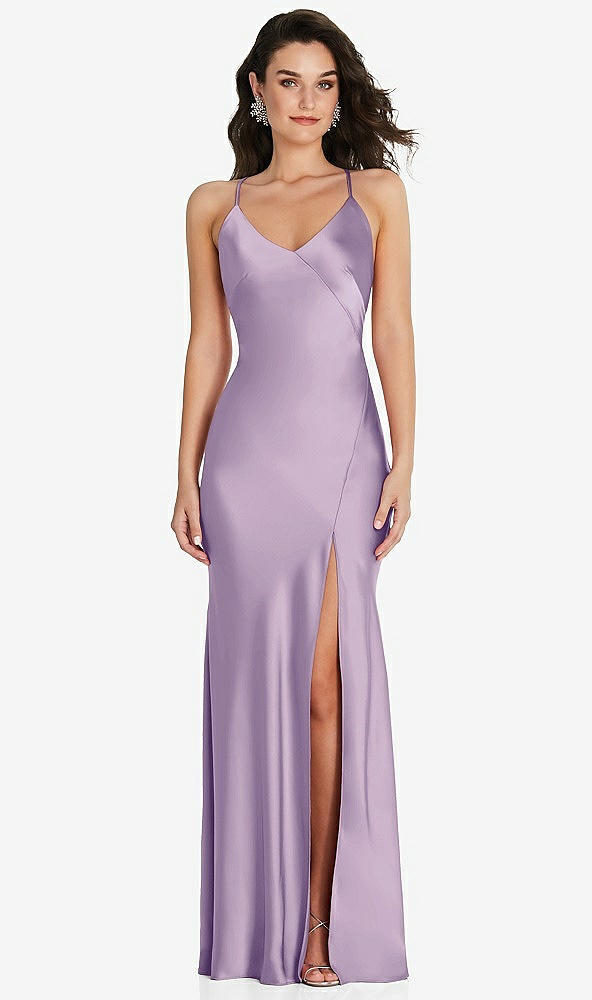 Front View - Pale Purple V-Neck Convertible Strap Bias Slip Dress with Front Slit