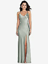Front View Thumbnail - Willow Green V-Neck Convertible Strap Bias Slip Dress with Front Slit