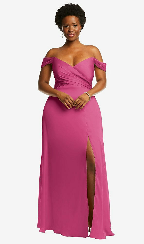 Front View - Tea Rose Off-the-Shoulder Flounce Sleeve Empire Waist Gown with Front Slit
