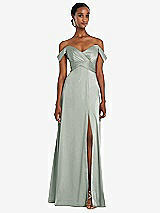 Alt View 1 Thumbnail - Willow Green Off-the-Shoulder Flounce Sleeve Empire Waist Gown with Front Slit