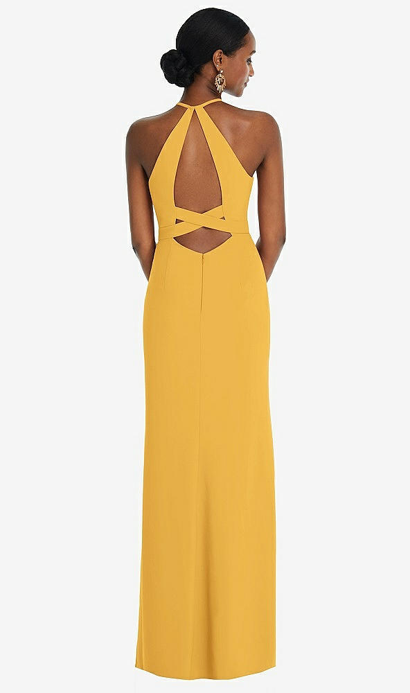 Front View - NYC Yellow Halter Criss Cross Cutout Back Maxi Dress