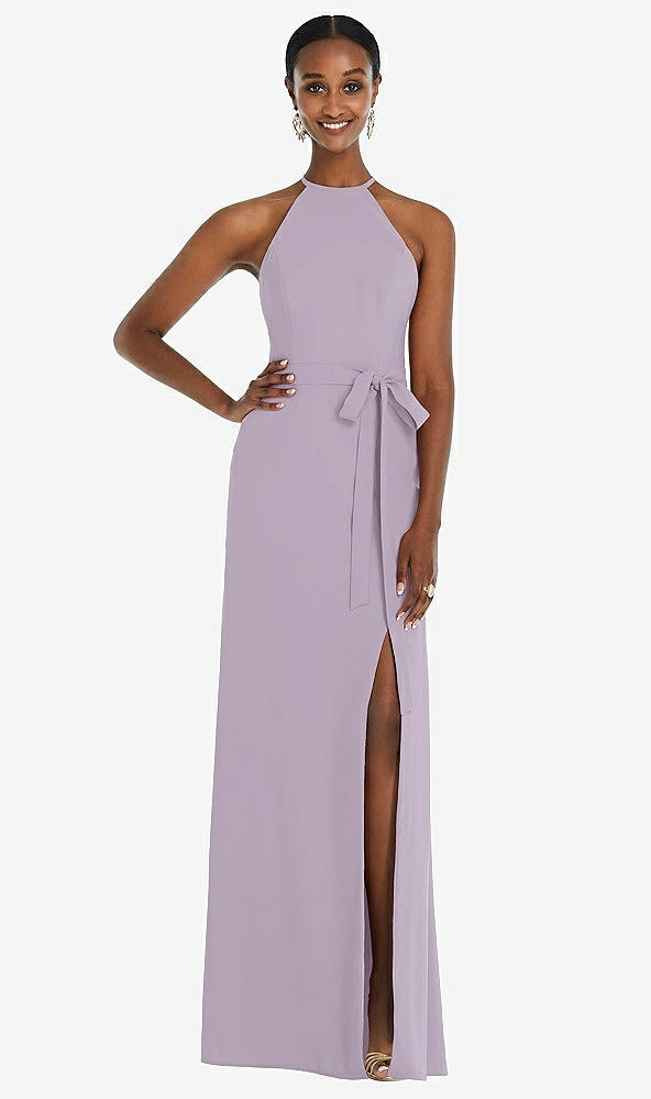 Back View - Lilac Haze Halter Criss Cross Cutout Back Maxi Dress