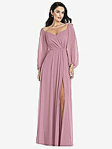 Alt View 1 Thumbnail - Dusty Pink Off-the-Shoulder Puff Sleeve Maxi Dress with Front Slit