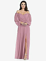 Side View Thumbnail - Dusty Pink Off-the-Shoulder Puff Sleeve Maxi Dress with Front Slit