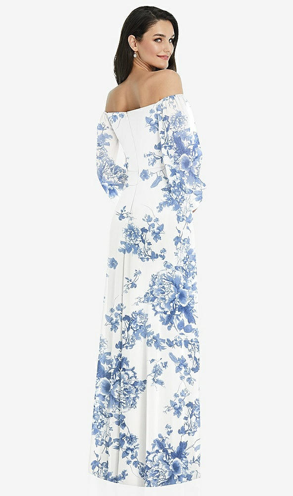 Back View - Cottage Rose Dusk Blue Off-the-Shoulder Puff Sleeve Maxi Dress with Front Slit