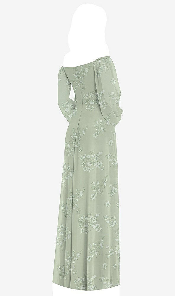 Back View - Vintage Primrose Sage Off-the-Shoulder Puff Sleeve Maxi Dress with Front Slit