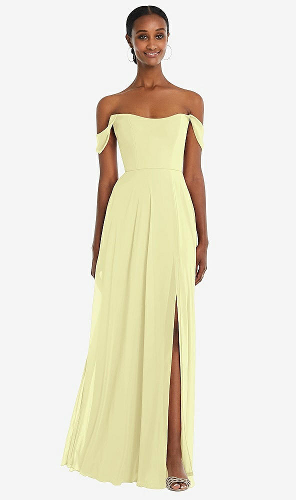 Front View - Butter Yellow Off-the-Shoulder Basque Neck Maxi Dress with Flounce Sleeves