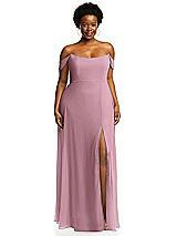 Alt View 1 Thumbnail - Dusty Pink Off-the-Shoulder Basque Neck Maxi Dress with Flounce Sleeves