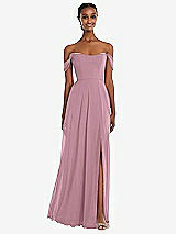 Front View Thumbnail - Dusty Pink Off-the-Shoulder Basque Neck Maxi Dress with Flounce Sleeves