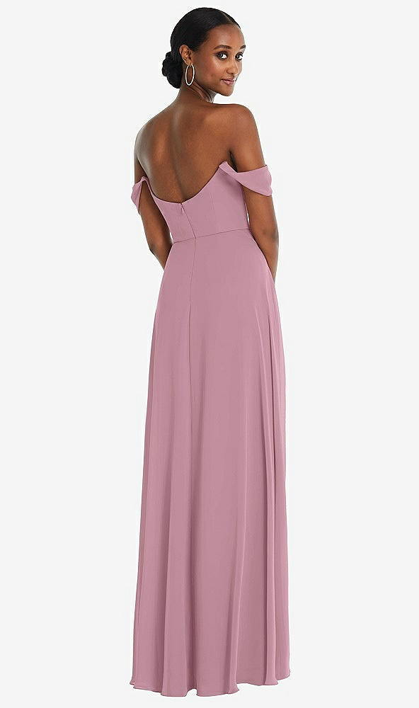 Back View - Dusty Pink Off-the-Shoulder Basque Neck Maxi Dress with Flounce Sleeves