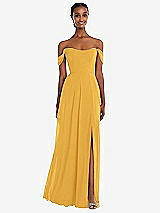 Front View Thumbnail - NYC Yellow Off-the-Shoulder Basque Neck Maxi Dress with Flounce Sleeves