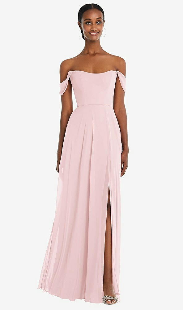 Front View - Ballet Pink Off-the-Shoulder Basque Neck Maxi Dress with Flounce Sleeves