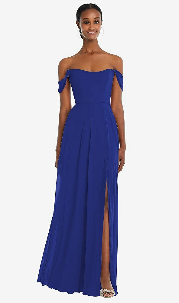 Front View - Cobalt Blue Off-the-Shoulder Basque Neck Maxi Dress with Flounce Sleeves