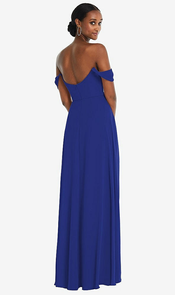 Back View - Cobalt Blue Off-the-Shoulder Basque Neck Maxi Dress with Flounce Sleeves