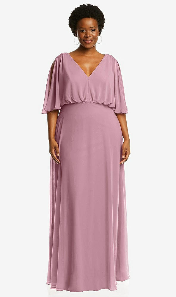 Front View - Dusty Pink V-Neck Split Sleeve Blouson Bodice Maxi Dress