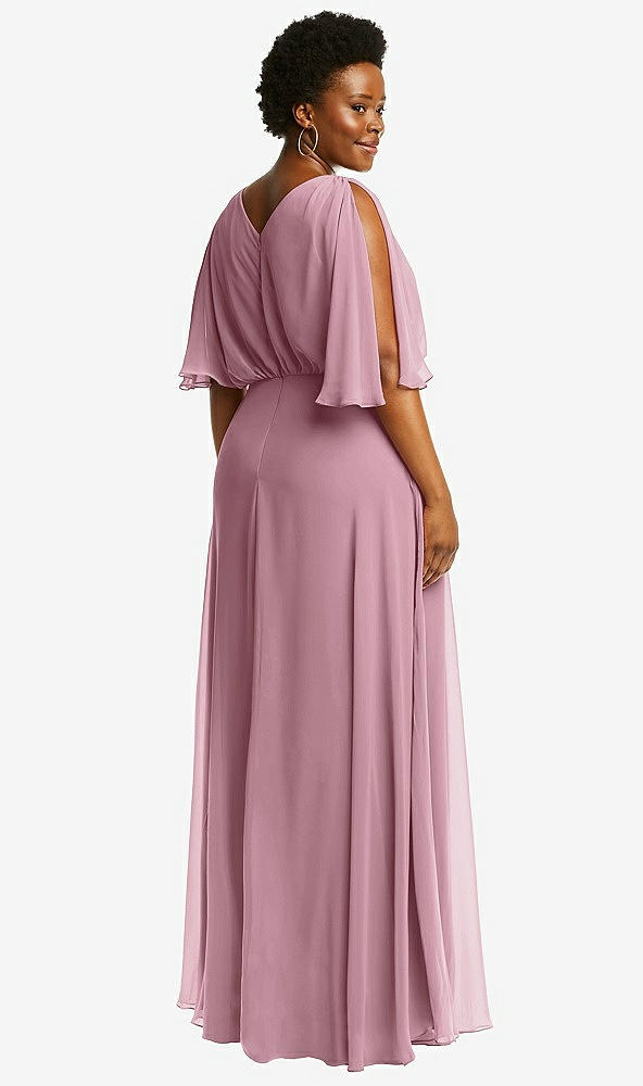 Back View - Dusty Pink V-Neck Split Sleeve Blouson Bodice Maxi Dress