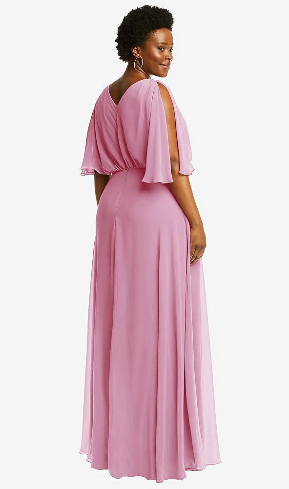 Back View - Powder Pink V-Neck Split Sleeve Blouson Bodice Maxi Dress
