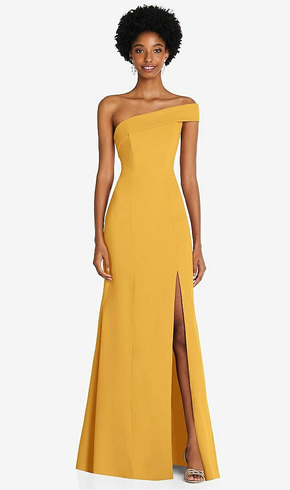 Front View - NYC Yellow Asymmetrical Off-the-Shoulder Cuff Trumpet Gown With Front Slit