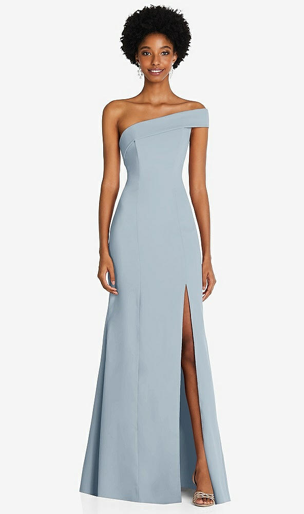 Front View - Mist Asymmetrical Off-the-Shoulder Cuff Trumpet Gown With Front Slit