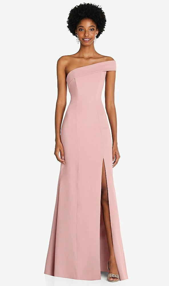 Front View - Rose - PANTONE Rose Quartz Asymmetrical Off-the-Shoulder Cuff Trumpet Gown With Front Slit