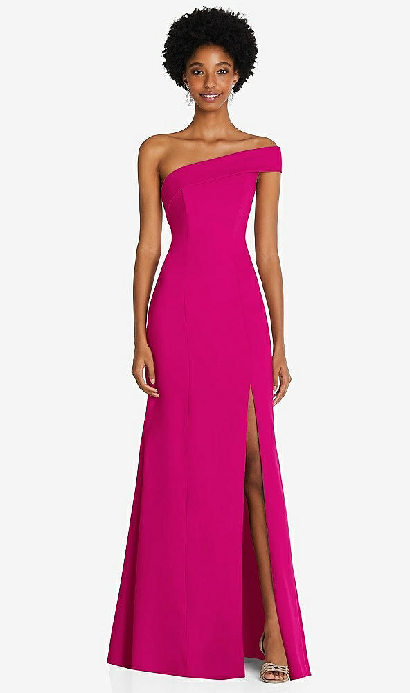 Front View - Think Pink Asymmetrical Off-the-Shoulder Cuff Trumpet Gown With Front Slit