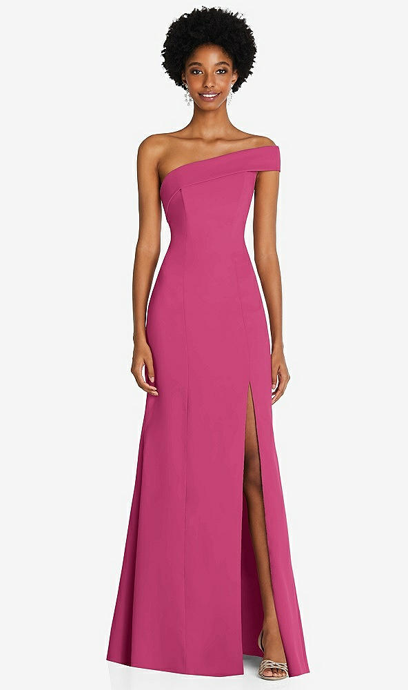 Front View - Tea Rose Asymmetrical Off-the-Shoulder Cuff Trumpet Gown With Front Slit