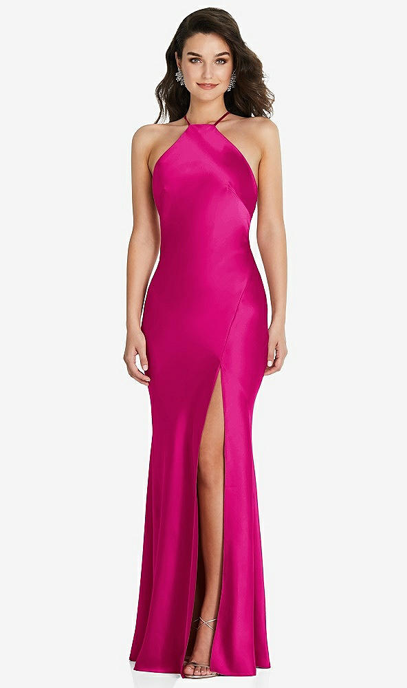 Front View - Think Pink Halter Convertible Strap Bias Slip Dress With Front Slit