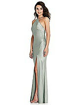 Side View Thumbnail - Willow Green Halter Convertible Strap Bias Slip Dress With Front Slit