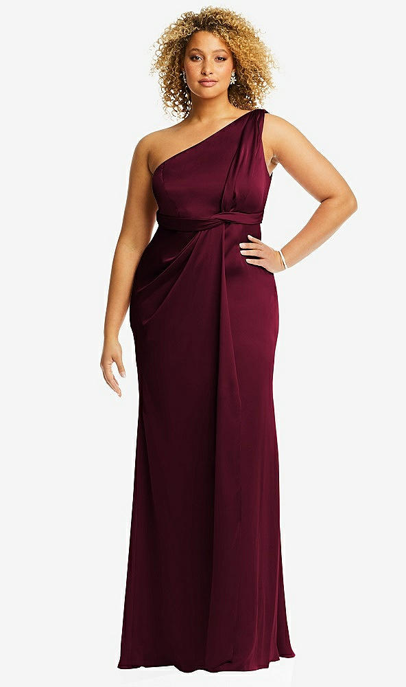 Front View - Cabernet One-Shoulder Draped Twist Empire Waist Trumpet Gown