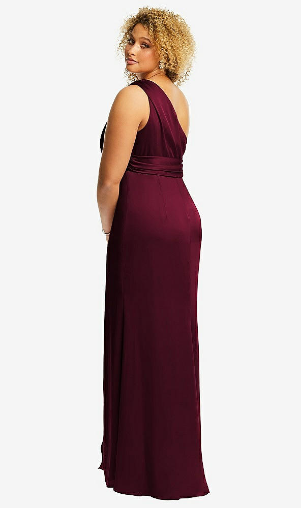 Back View - Cabernet One-Shoulder Draped Twist Empire Waist Trumpet Gown