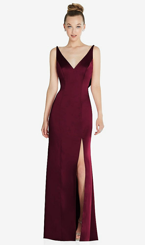 Back View - Cabernet Draped Cowl-Back Princess Line Dress with Front Slit